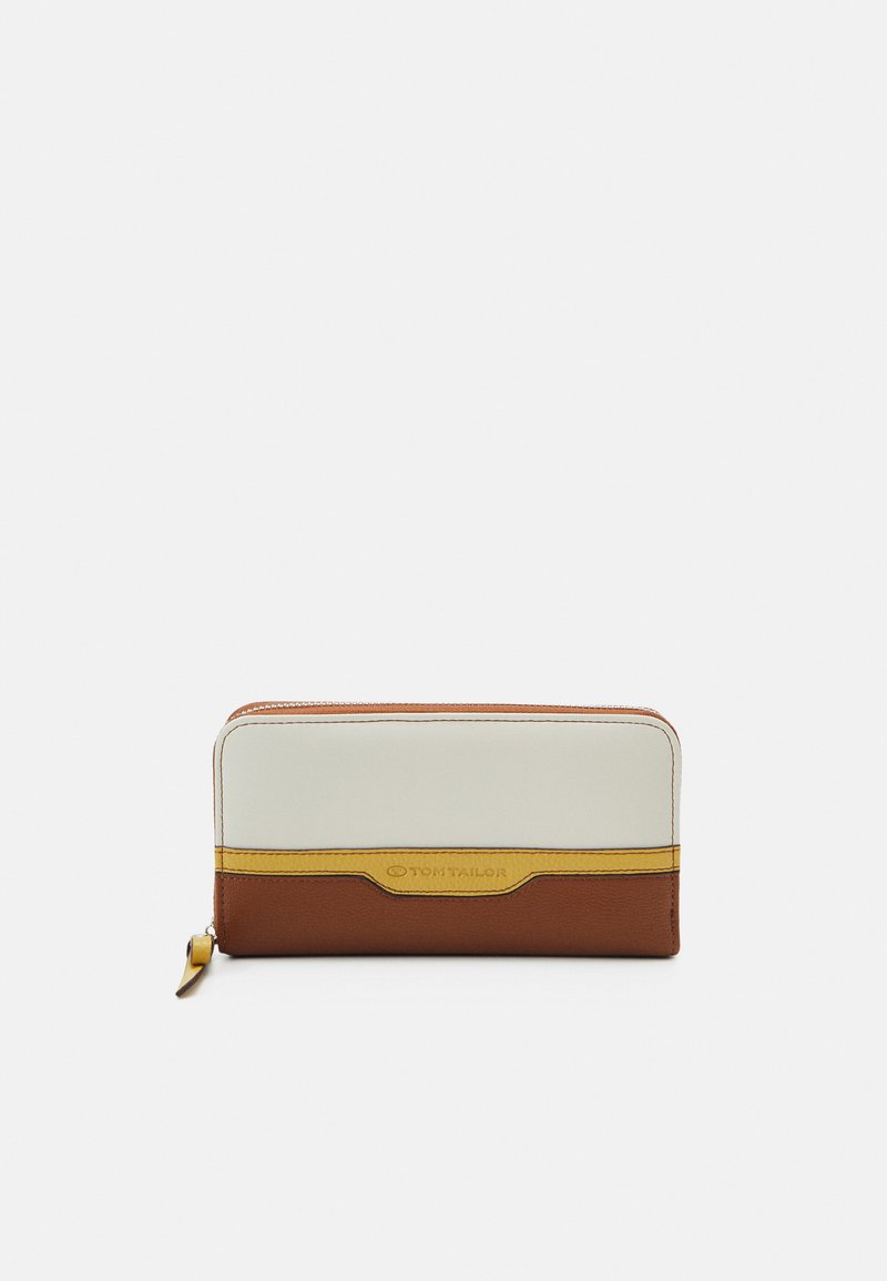 Brown, white, and yellow leather wallet with a zip closure, featuring a smooth texture and a subtle logo on the front. Flat design.