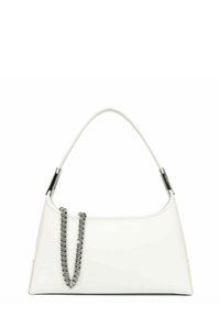 Borsa bianca con un design strutturato, caratterizzata da un'esterno in pelle liscia, manico curvo e un accento in catena argentata. Forma compatta ed elegante.