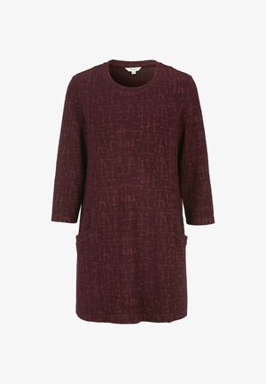 Maroonsininen polvipituinen mekko, jossa on 3/4-hihat, pyöreä pääntie, hillitty abstrakti kuvio ja kaksi etutaskua.