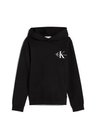 Felpa nera con tasca a marsupio. Materiale in cotone, con un logo bianco che recita "Calvin Klein Jeans" sul lato sinistro del petto.