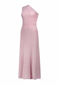 Ein einseitiges rosa Kleid aus geripptem Material, mit einem taillierten Oberteil, einem gefalteten Rock und einem dezenten Glanz.