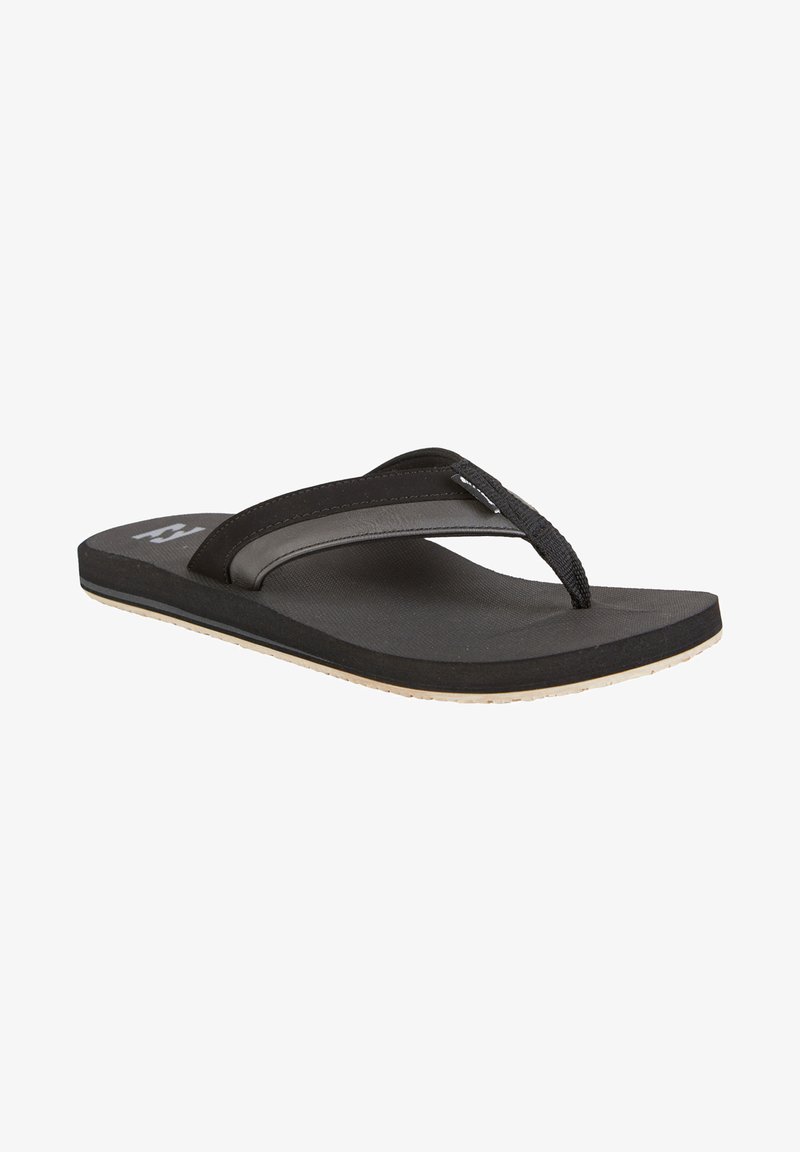Black flip-flop featuring textured strap, cushioned sole, and light tan outsole. Minimalist design with no additional patterns or hardware.