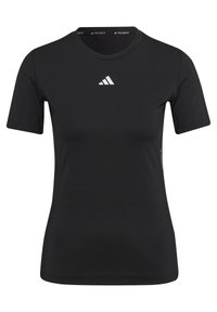 Black short-sleeve athletic shirt made of breathable fabric, featuring a white Adidas logo on the chest and "TECHFIT" label inside the neckline.