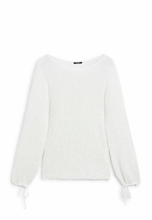 Maglione bianco a maglia con scollatura ampia, maniche lunghe e dettagli con cordino ai polsini. Tessuto testurizzato con una vestibilità comoda.
