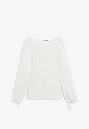 Maglione bianco a maglia con scollatura ampia, maniche lunghe e dettagli con cordino ai polsini. Tessuto testurizzato con una vestibilità comoda.