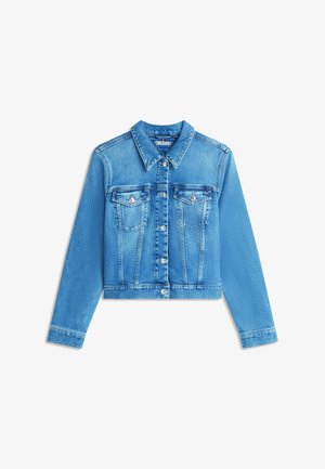 Hele sinine teksajope krae, eest nööbitav, kahe rinnatasku ja pikkade varrukatega. Omadused hõlmavad kulunud tekstiuri ja kohandatud lõiget.