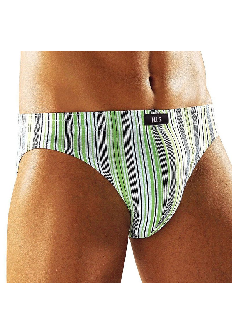 Gestreifte Schwimmbreve mit horizontalen Linien in Grün, Schwarz und Weiß. Hergestellt aus dehnbarem Material, mit einem weichen Bund und einem Logotag.