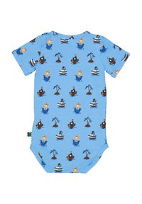 Body azzurro chiaro a maniche corte con un motivo ripetuto di navi, palme e motivi marini nei colori marrone, nero e bianco. Tessuto morbido.