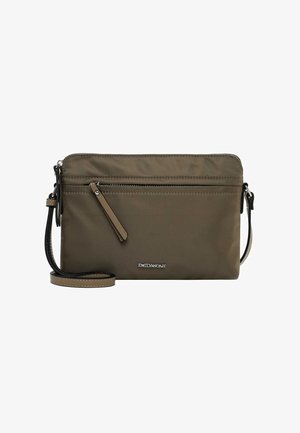 Olive green crossbody bag with front zipper pocket, detachable strap, and silver "EMILY & NOAH" logo on center front.