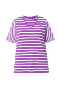 Camiseta a rayas moradas y blancas con escote en V y mangas cortas. Confeccionada en una tela suave, presenta rayas horizontales uniformemente distribuidas.