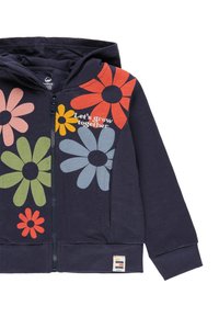 Marineblauer Zip-Hoodie mit bunten Blumenmustern in Pink, Rot, Gelb, Grün und Blau. Verfügt über eine Fronttasche und gerippte Bündchen.