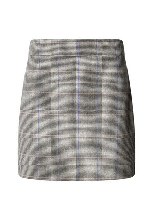 Grijze geruite mini-rok met een ruitpatroon met lichtblauwe en roze accenten, gestructureerd ontwerp en een gladde stofstructuur.