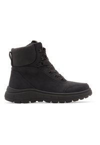 Bottes mi-hautes noires en cuir avec un col rembourré, des lacets et une semelle en caoutchouc texturé pour une meilleure traction. Design simple et fonctionnel.