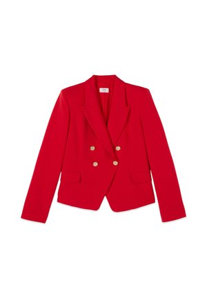 Red double-breasted blazer with gold buttons, wide lapels, and front flap pockets, displayed on a white background.