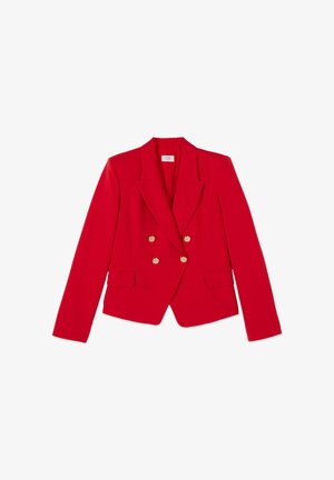 Roter, doppelreihiger Blazer mit goldenen Knöpfen, weitem Revers und vorderen Pattentaschen, auf weißem Hintergrund präsentiert.
