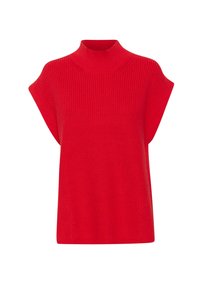 Rode gebreide pullover met een hoge hals, korte mouwen en een losse, vierkante vorm. Heeft een geribbelde textuur en een effen kleur zonder patronen.