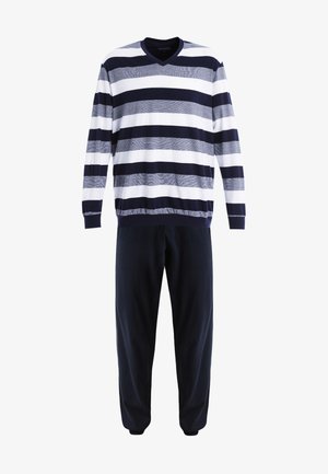 T-shirt à manches longues rayé en col en V navy, blanc et gris clair avec un pantalon de style pyjama navy. Tissu doux, coupe décontractée, taille élastique sur le pantalon.