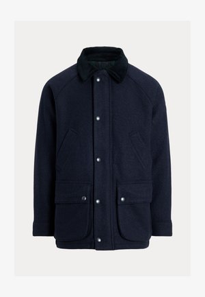 Casaco azul marinho em mistura de lã com colarinho de bombazina, fechos de pressão, dois bolsos frontais e acabamento em tecido texturado.