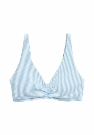 Lichtblauw-wit gestreept bikinitopje met geplooid midden en brede schouderbandjes, ontworpen voor badkleding of zomeroutfits.