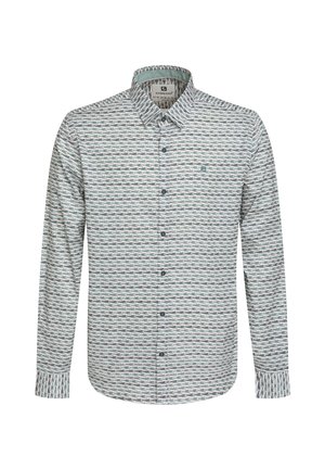 Chemise à manches longues bleu clair avec un motif de vagues répétées en bleu foncé et rouge. Dotée d'un col boutonné et d'une poche unique.