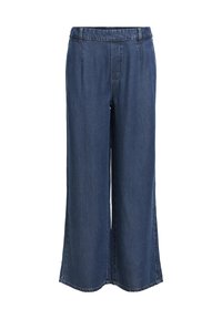 Pantalon en denim bleu foncé à jambe droite avec une taille élastique et des passants de ceinture, sans poches visibles, présenté sur un fond blanc.