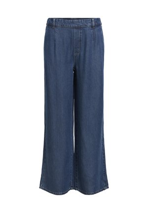 Pantaloni in denim blu scuro a gamba dritta con vita elastica e passanti per la cintura, senza tasche visibili, mostrati su uno sfondo bianco.