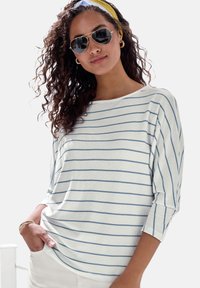 Gestreifte Bluse aus Strickstoff mit blauen horizontalen Streifen auf weißem Hintergrund, weitem Ausschnitt und Dreiviertelärmeln.