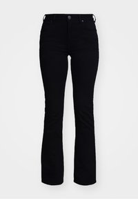 Jean noir taille haute coupe slim avec un léger évasement au bas, doté de poches avant et arrière et d'une fermeture par bouton en métal.
