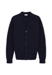 Navy-blauer Strickcardigan mit geripptem Kragen, Bündchen und Saum, ausgestattet mit sechs Knöpfen auf der Vorderseite und einem V-Ausschnitt.