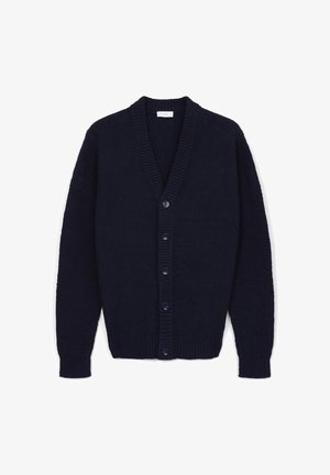 Cardigan lavorato a maglia blu navy con colletto, polsini e orlo a coste, dotato di sei bottoni frontali e design a V.