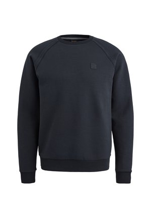 Dunkelblaues Sweatshirt aus weichem Stoff, mit Rundhalsausschnitt, langen Raglanärmeln, gerippten Bündchen und einem kleinen Logopatch auf der Brust.
