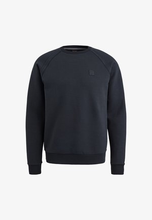 Donkerblauwe sweatshirt van zachte stof, met een ronde hals, lange raglanmouwen, ribgebreide boorden en een klein logopatch op de borst.