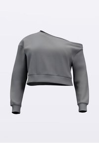 Hall crop-pikkade varrukatega pusa asümmeetrilise kaelusega, soonikuga mansettide ja sileda tekstuuriga. Omaduseks lihtne, kaasaegne disain.