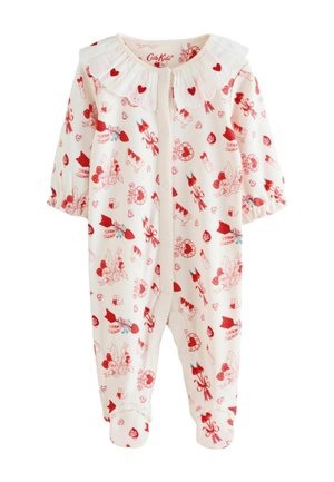 Weißer Baby-Strampler mit roten Herzen, Pfeilen und liebesthematischen Drucken, mit einem gerafften Kragen mit bestickten roten Herzen und Druckknöpfen an der Vorderseite.