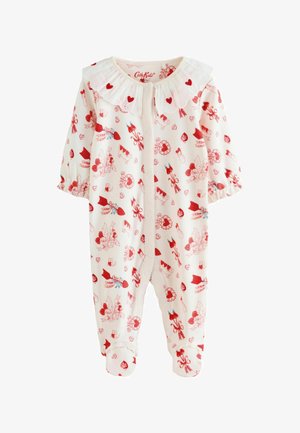 Biały body niemowlęce z czerwonymi sercami, strzałami i nadrukami o tematyce miłosnej, z falbankowym kołnierzem ozdobionym haftowanymi czerwonymi sercami oraz zatrzaskami z przodu.