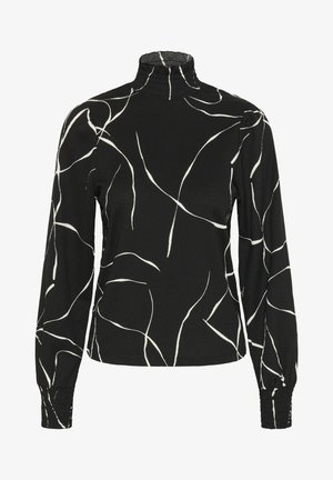 Črn dolg rokav s visokim ovratnikom in teksturirano tkanino, ki ima bele abstraktne črte in naborke na manšetah za dodatne podrobnosti.