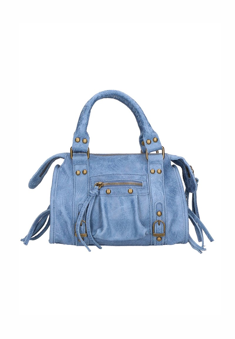 Borsa a tracolla in ecopelle azzurra con forma strutturata, dettagli in metallo dorato, tasca con zip e frange decorative sui lati.