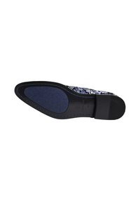 Navy patterned shoe with a smooth surface, black rubber sole, and blue stitching. Bottom sole features a textured grip design.