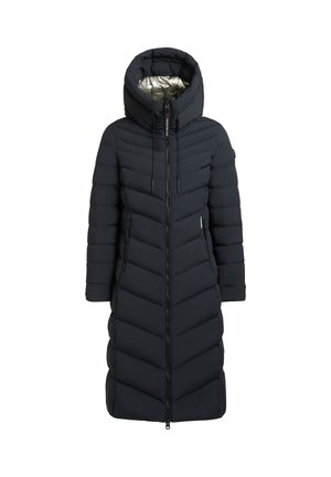 Fekete, hosszú, párnázott kabát halszálka mintával, levehető kapucnival, elülső cipzárral és fényes bélésű belső résszel. Két oldalsó cipzáras zsebbel.