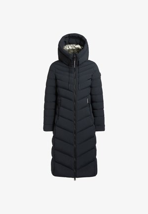 Svart vadderad lång kappa med chevronmönster, avtagbar huva, framdragkedja och metallfodrad insida. Har två sidofickor med dragkedja.