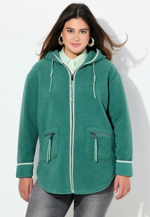 Vihreä fleece-takki hupulla, etuvetoketjulla, kahdella vetoketjullisella taskulla ja kontrastivalkoisella reunalla hihoissa ja vetoketjussa. Pehmeä pinta.