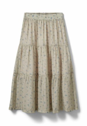 Bézs színű, réteges midi szoknya apró kék virágmintával és rugalmas derékpánttal, fehér háttér előtt kiállítva.