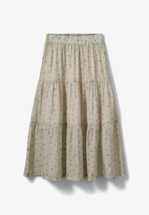 Fustă midi bej, în straturi, cu imprimeu floral mic albastru și talie elastică, afișată pe un fundal alb.