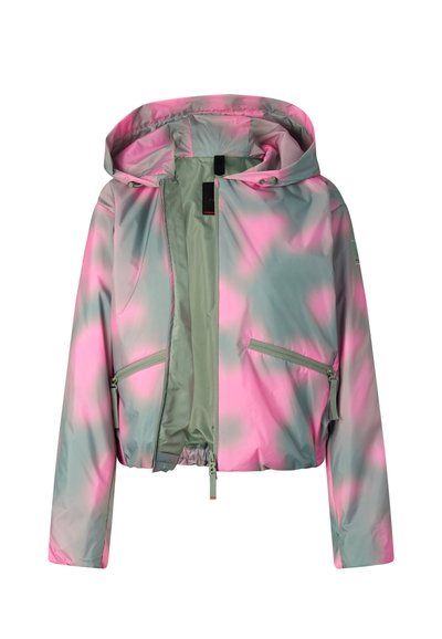 Letvægtsjakke med hætte i pink og gråt camouflage-mønster, forreste lynlås og lynlåslommer på siden, vist åben.