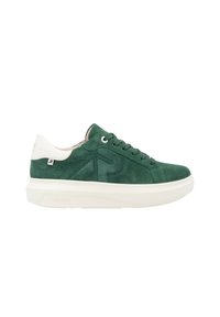 Green suede sneaker with white accents, rounded toe, lace-up design, and a thick white sole, featuring a logo detail on the side.