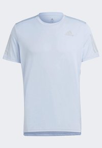 T-shirt de course Adidas bleu clair à manches courtes, col rond, avec un logo discret et des bandes sur les manches.