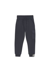 Marine blå joggebukser laget av mykt stoff, med elastisk liv, sidelommer og en cargo lomme på høyre ben. Elastiske mansjetter ved ankler.