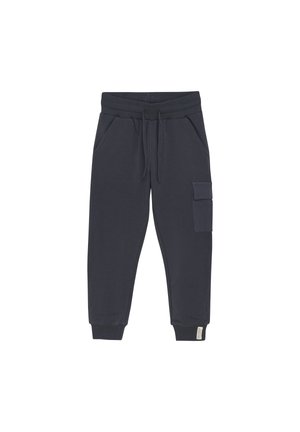 Marineblaue Jogginghosen aus weichem Stoff, mit einem elastischen Bund, seitlichen Taschen und einer Cargo-Tasche am rechten Bein. Elastische Bündchen an den Knöcheln.