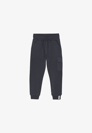 Navy joggingbroek van zachte stof, met een elastische tailleband, zijzakken en een cargozak op het rechterbeen. Elastische boorden bij de enkels.