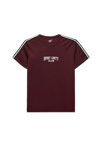 Camiseta atlética burdeos de manga corta, con rayas blancas y negras en los hombros y "CLUB DE UNIDAD DEPORTIVA" bordado en blanco.